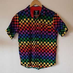 Spencers Rainbow Checkered Skater Button Up Short Sleeve Shirt